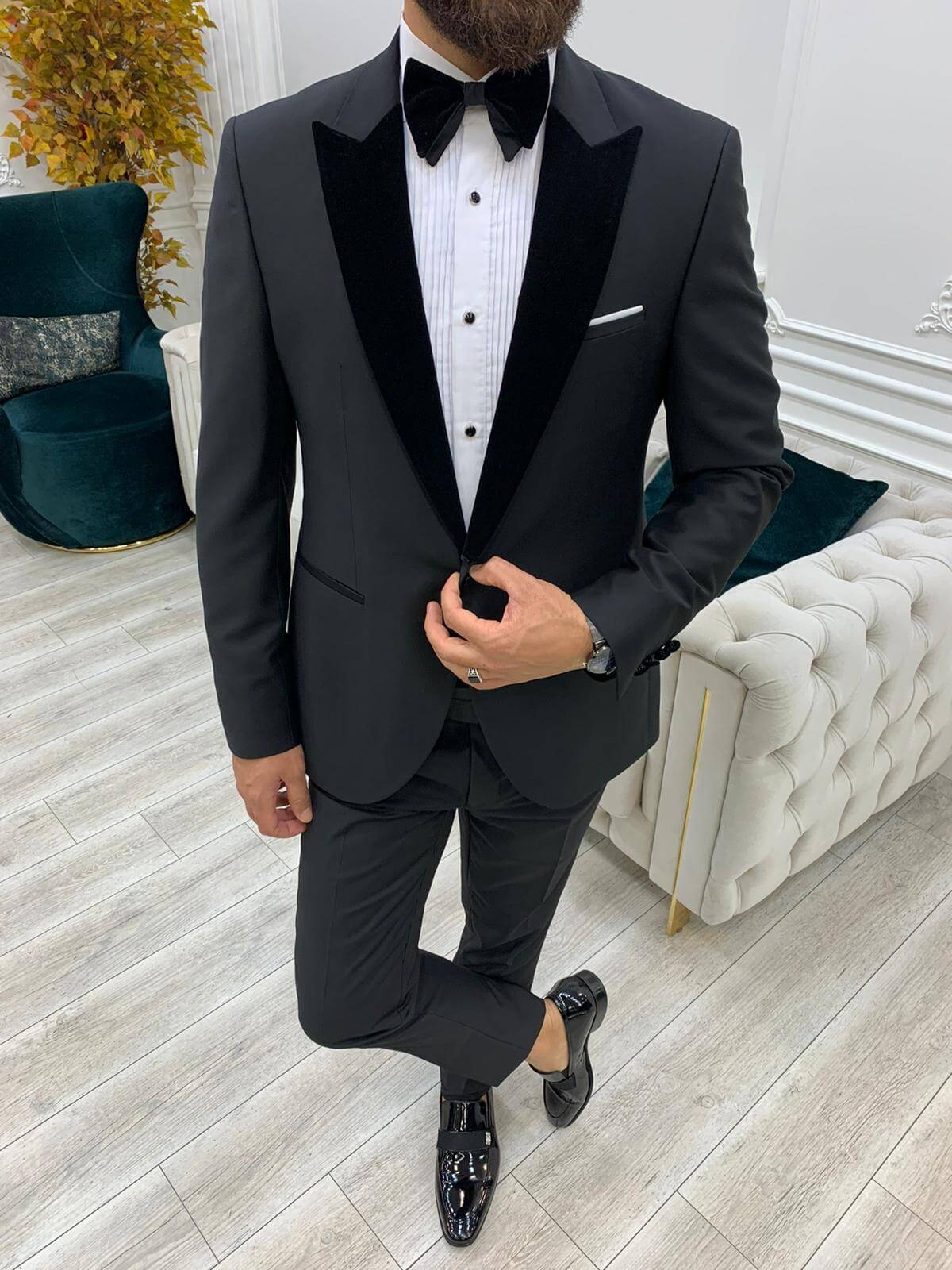 HolloMen Black Dovetail Velvet Collar Wedding Tuxedo