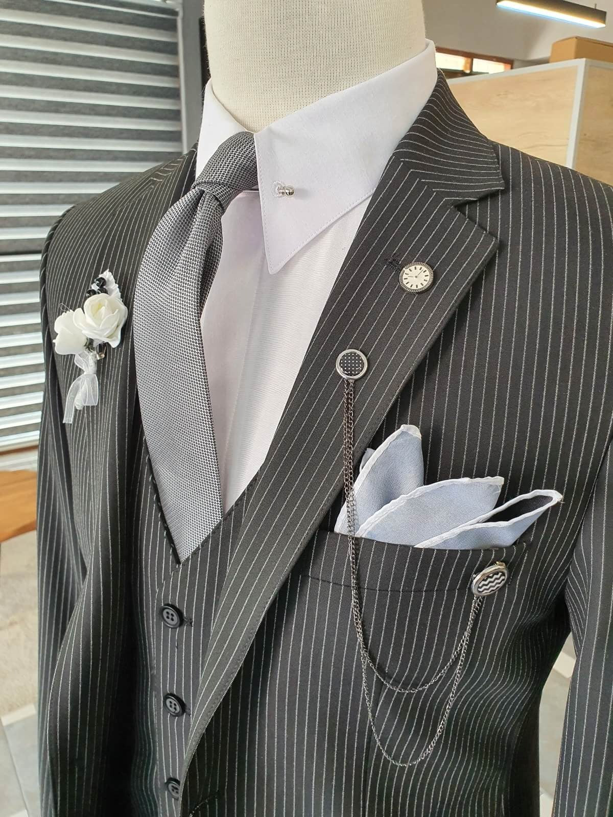 HolloMen Black Striped Linen Suit