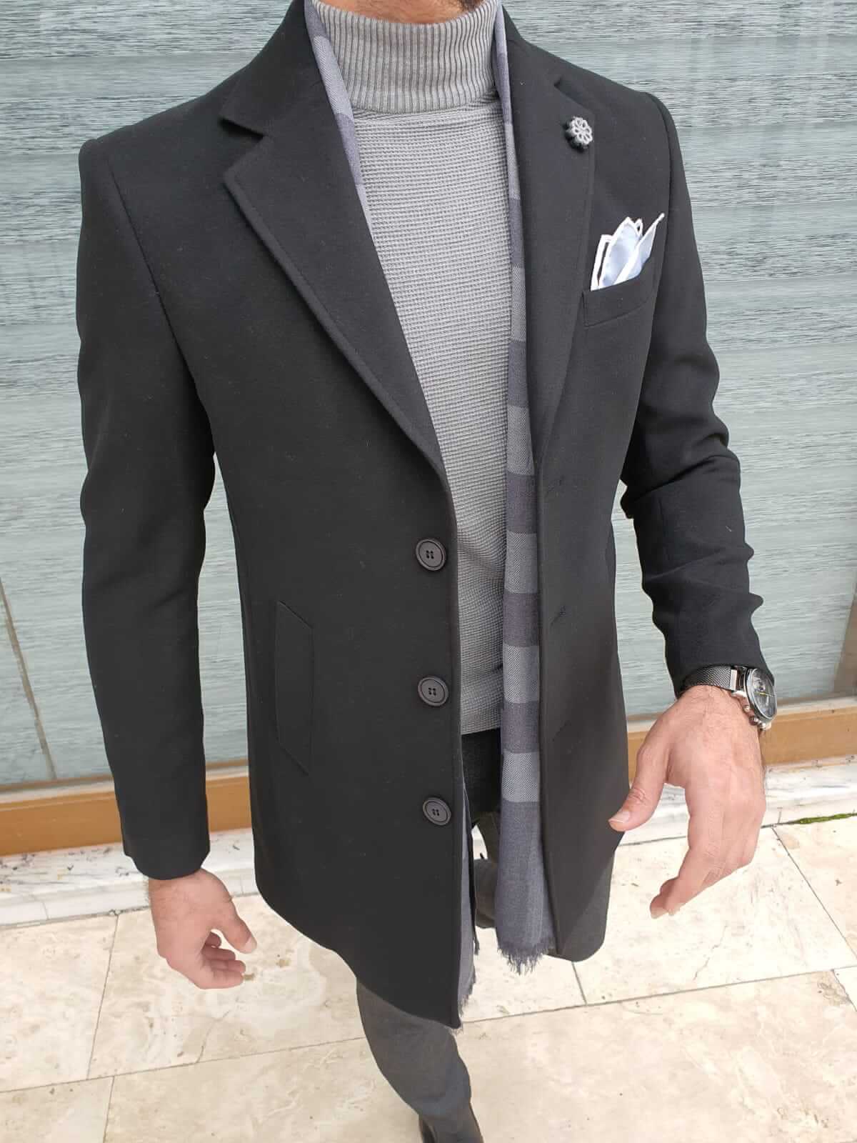 A classic black coat made of wool for men