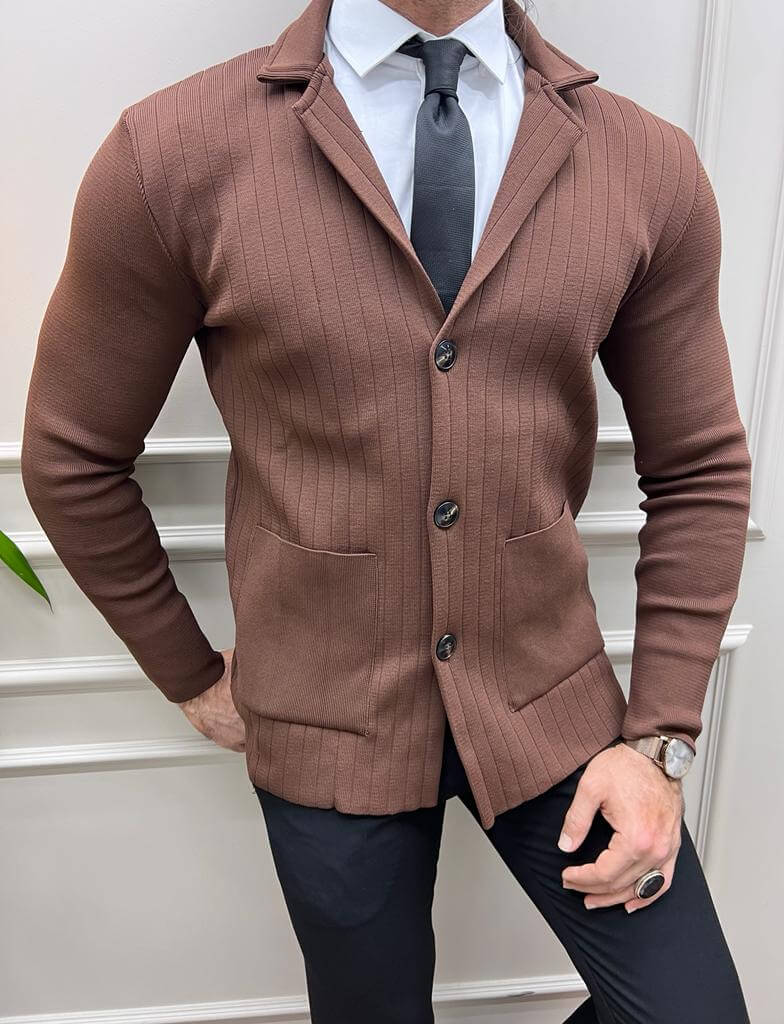 A camel knitted blazer cardigan with a relaxed fit and buttoned front.