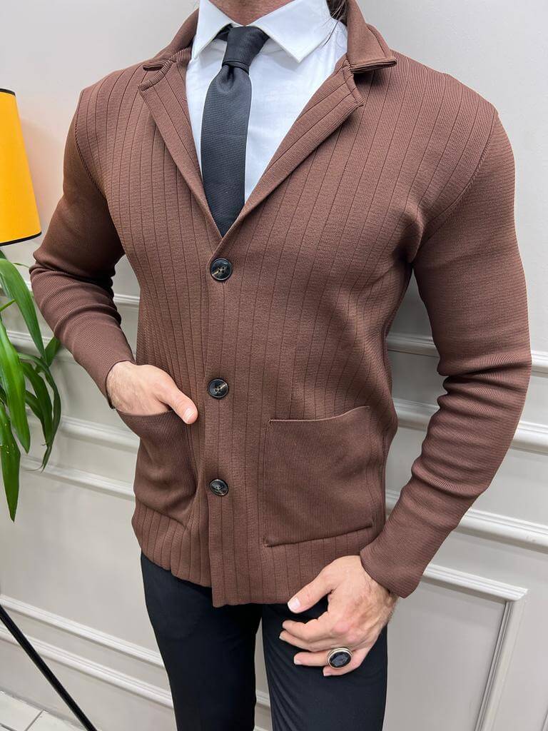 A camel knitted blazer cardigan with a relaxed fit and buttoned front.