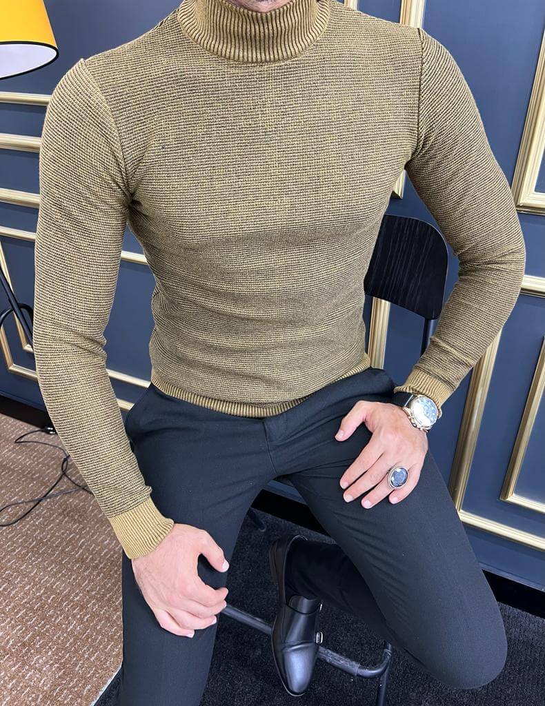 HolloMen Camel Mock Turtleneck sweater, featuring a stylish ribbed texture, long sleeves, and a high neckline."