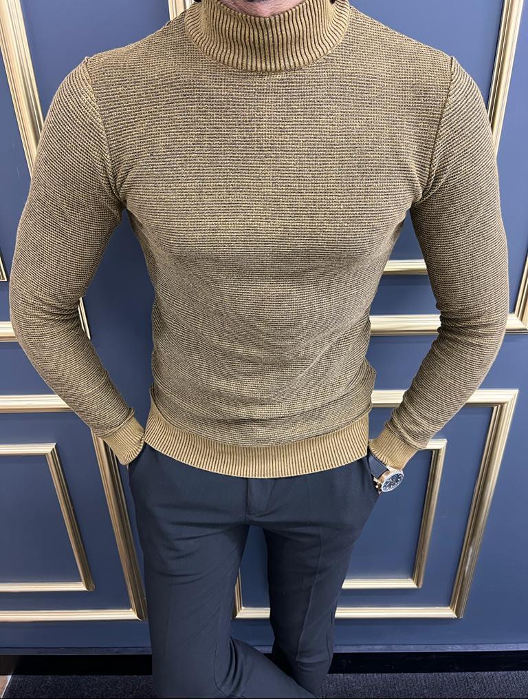 HolloMen Camel Mock Turtleneck sweater, featuring a stylish ribbed texture, long sleeves, and a high neckline."