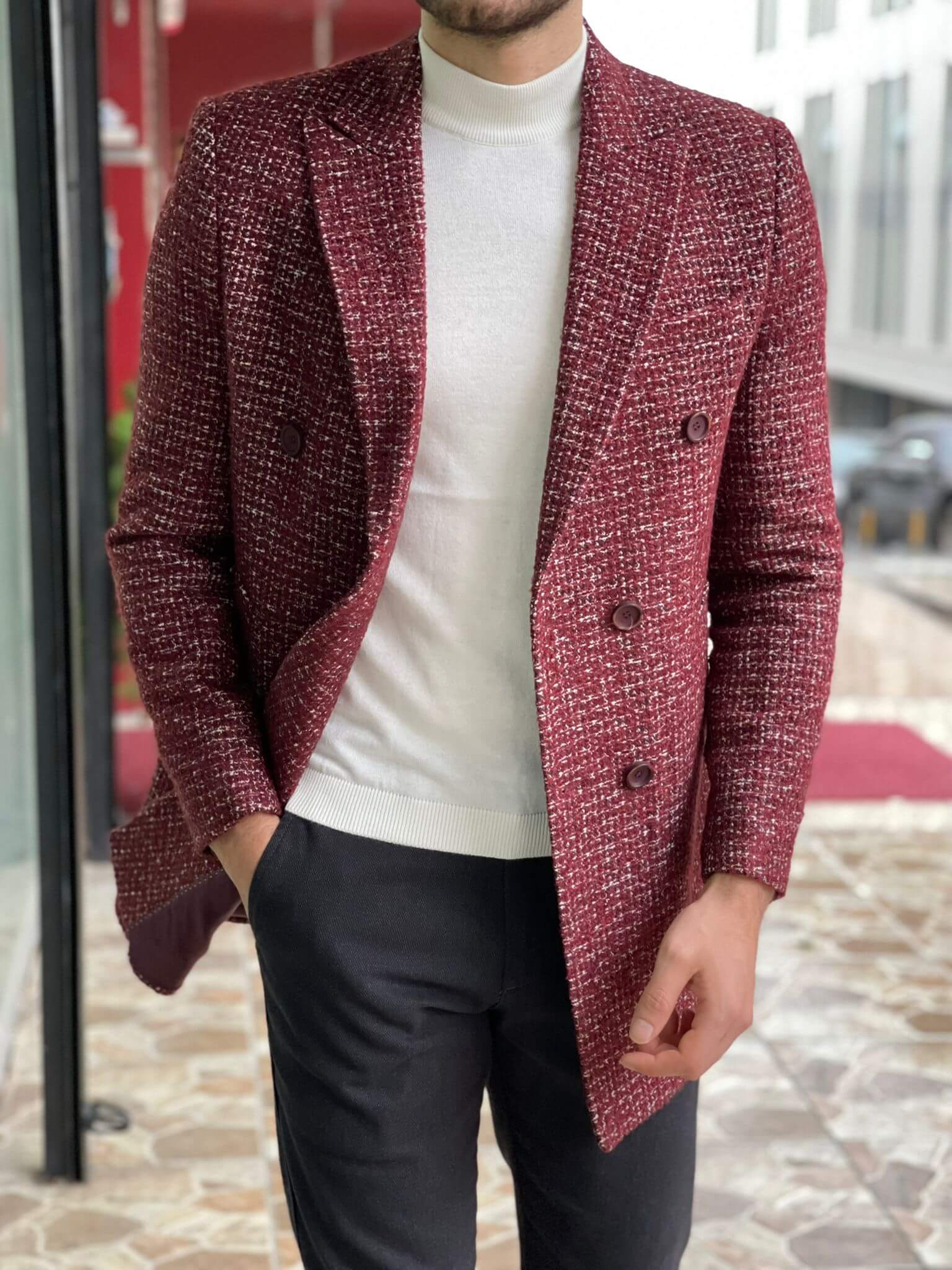 Claret red coat with a timeless double-breasted design