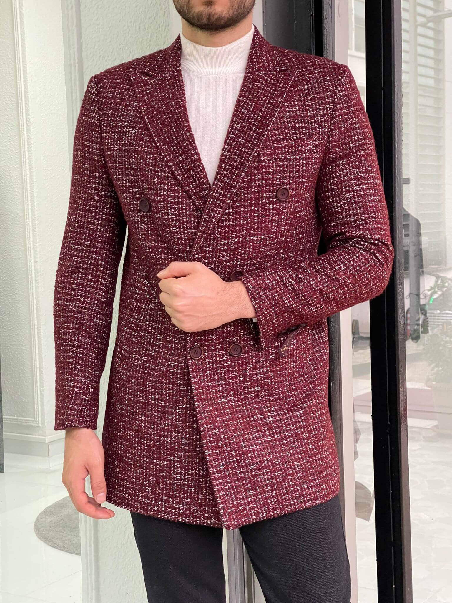 Claret red coat with a timeless double-breasted design