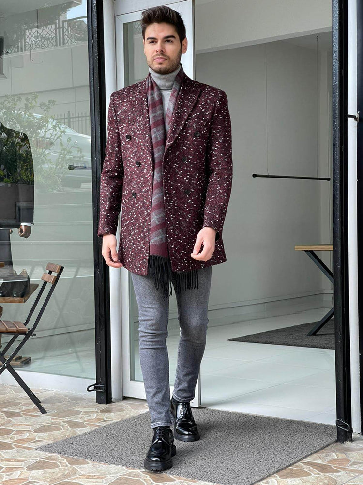 HolloMen's claret red wool coat featuring a double-breasted design