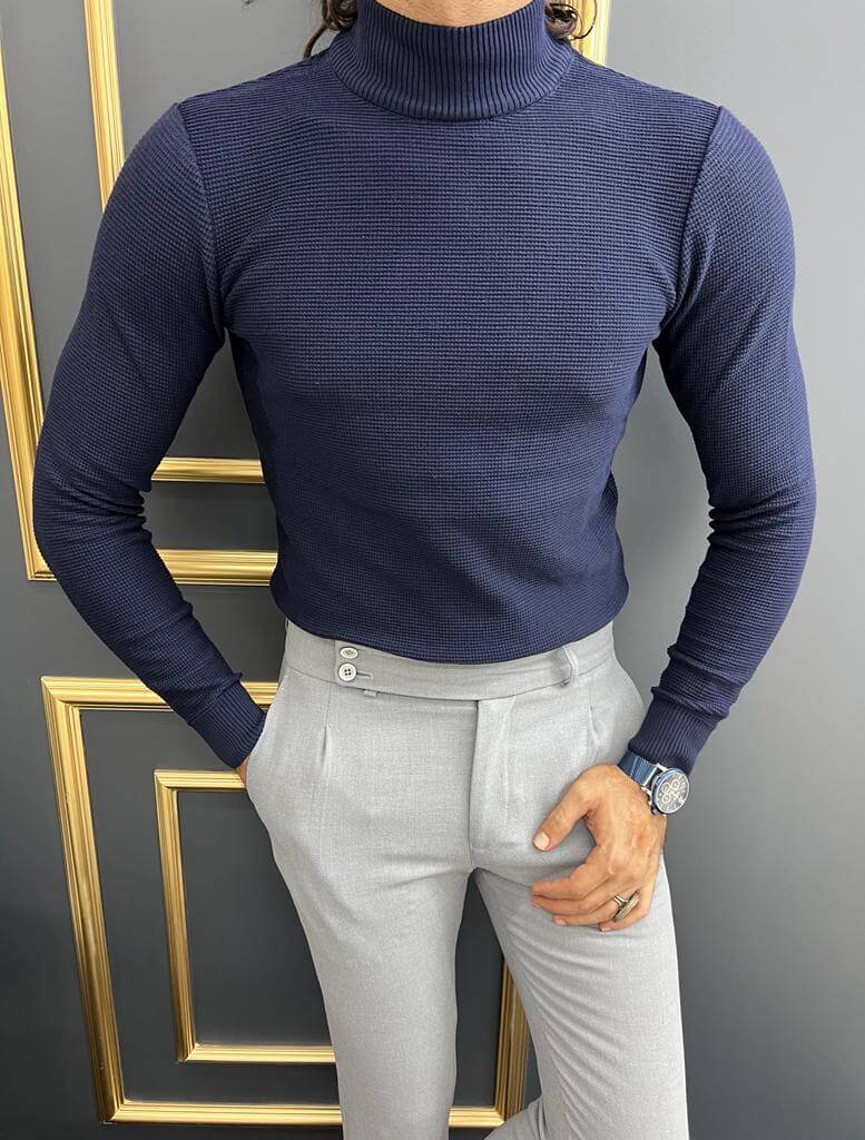 A dark blue mock turtleneck from HolloMen, featuring a fitted silhouette and a high collar.