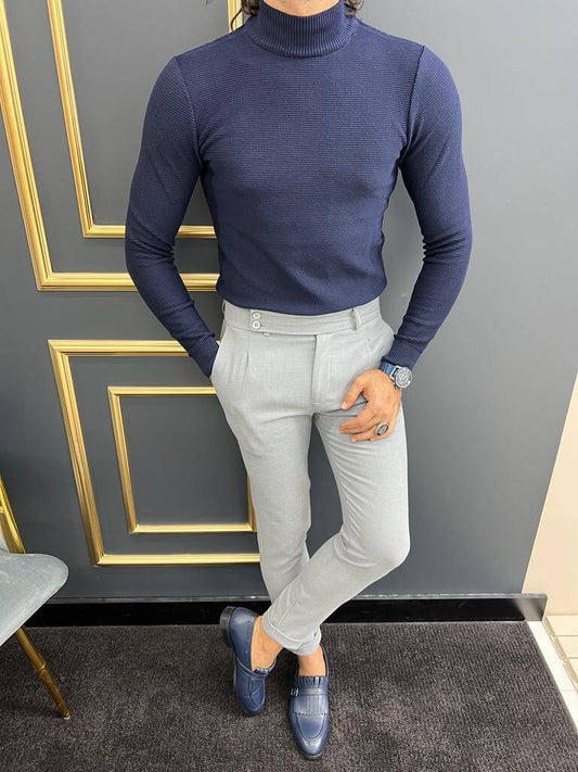 A dark blue mock turtleneck from HolloMen, featuring a fitted silhouette and a high collar.