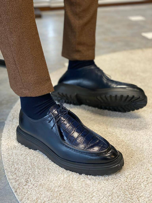 Elegant dark blue leather derby shoes with lace-up detailing and lightweight EVA soles, ideal for smart and formal fall-winter styling.