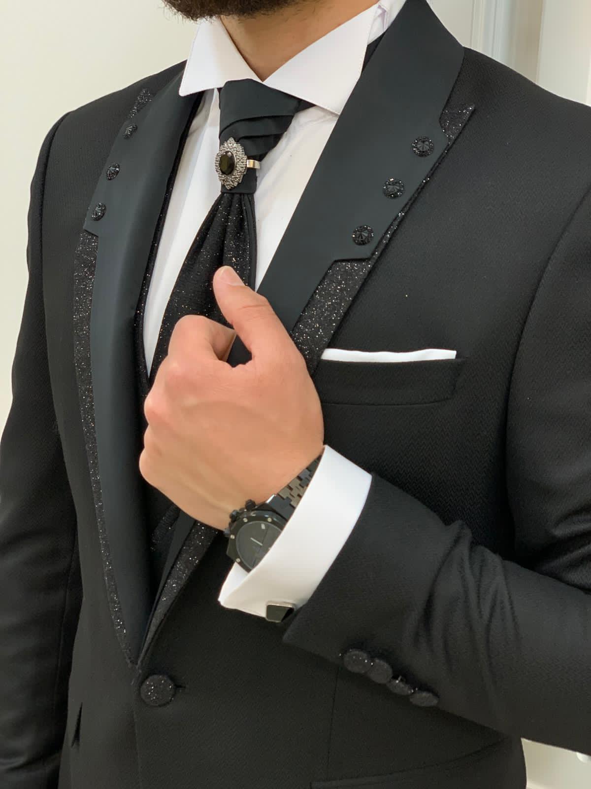 HolloMen بدلة سهرة سوداء ملكي تلبيس رشيق