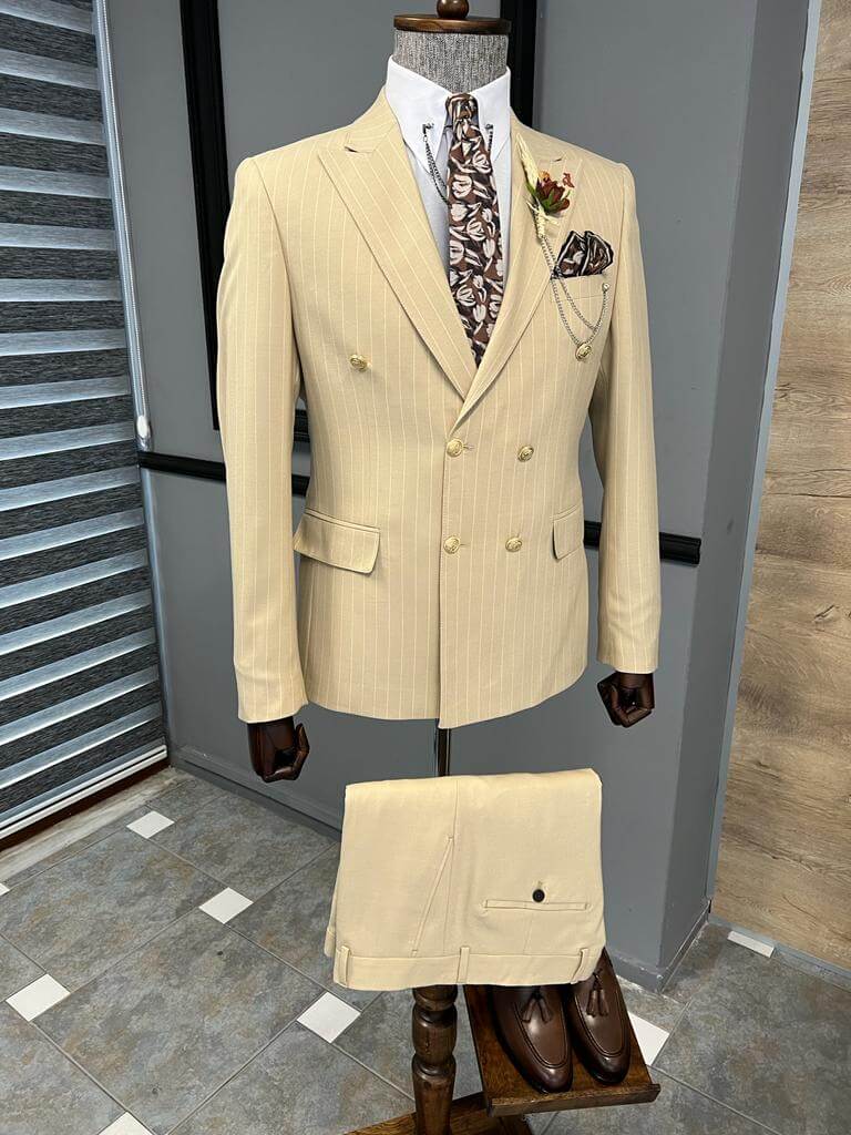 HolloMen Striped Beige Double Breasted Suit