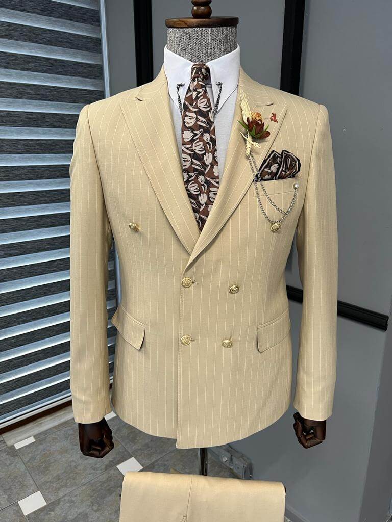 HolloMen Striped Beige Double Breasted Suit