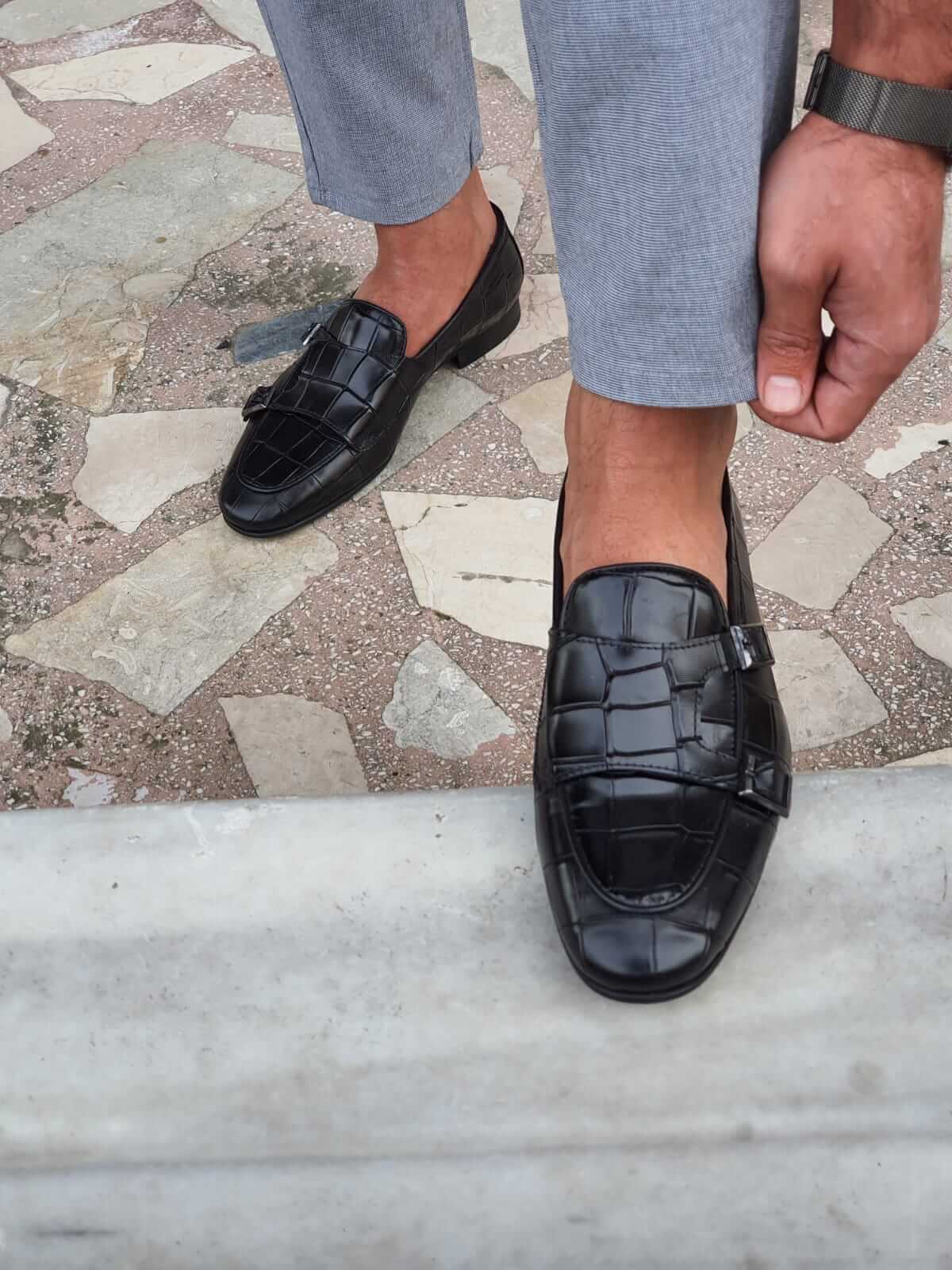 Croco Black Leather Shoe - Hollo Men