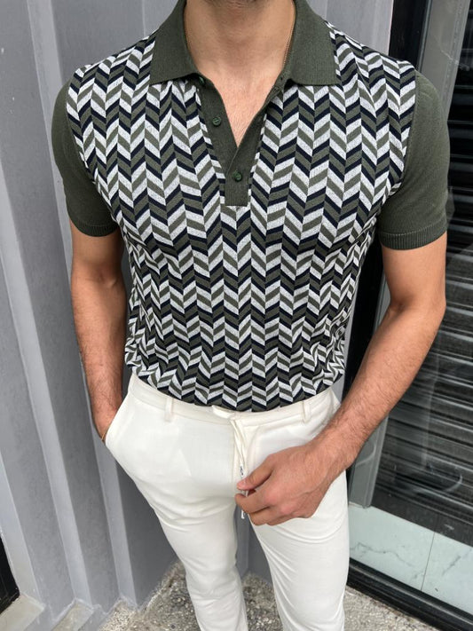 A khaki knit polo t-shirt with a ribbed collar, short sleeves, and a three-button placket."