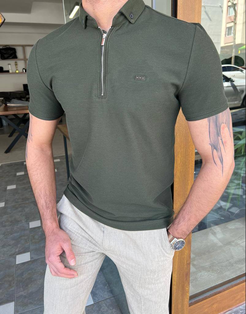 Khaki Zipper Collar T-Shirt