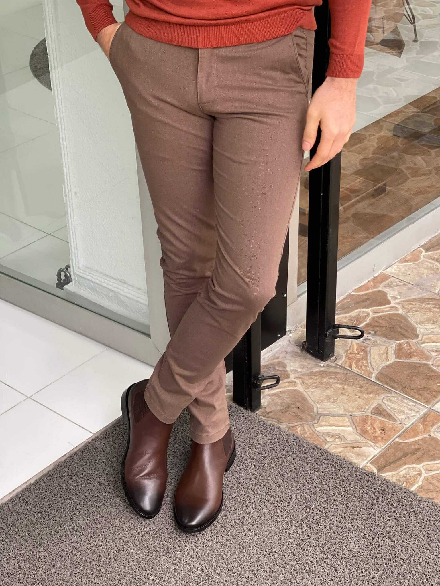 Light brown pants with a relaxed fit, perfect for casual outings.