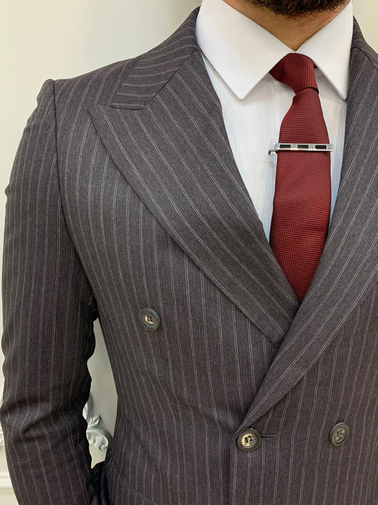 Light Coffee Striped Double Breasted Suit