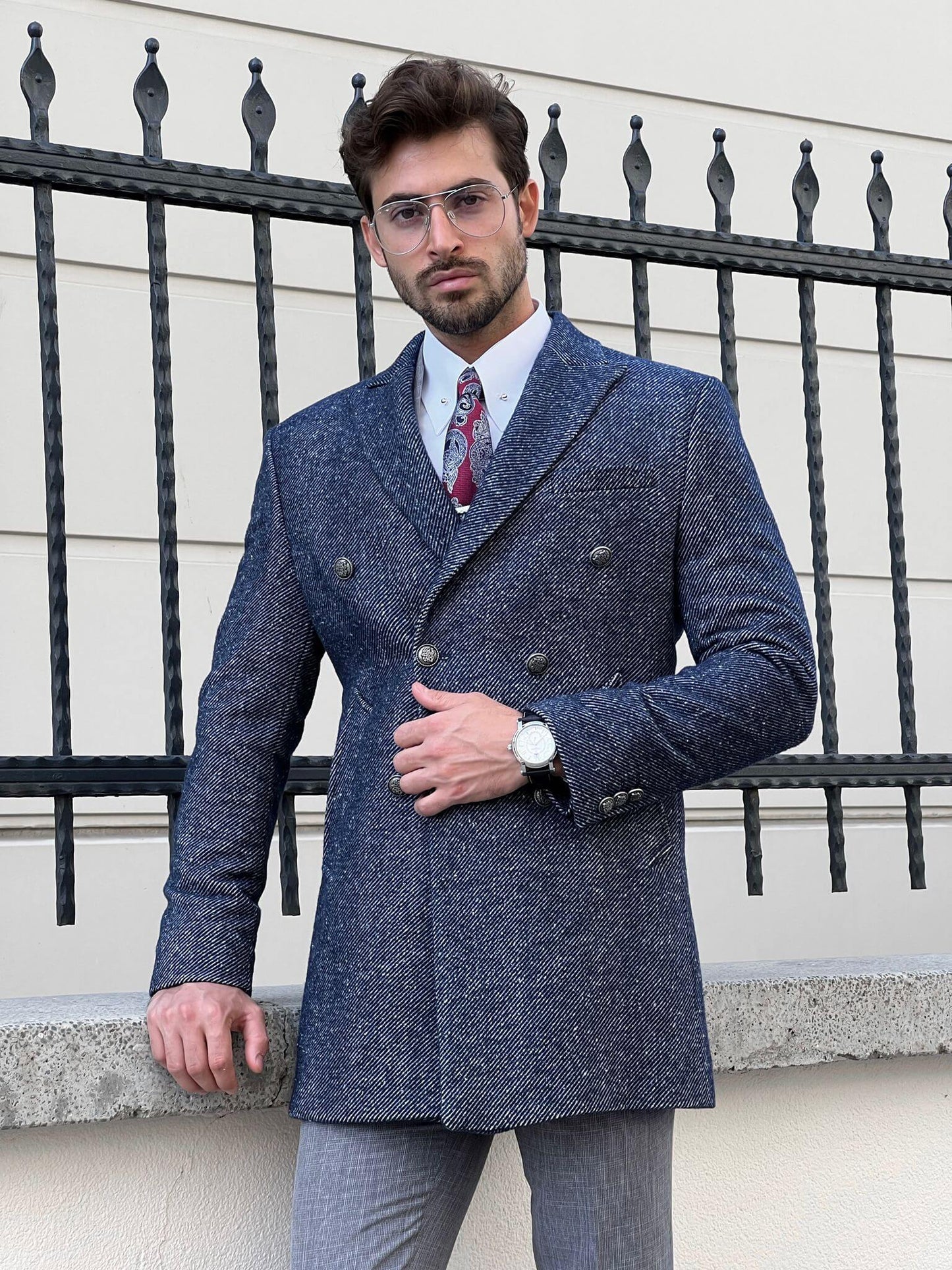 Marble Navy Blue Double Breasted wool Coat