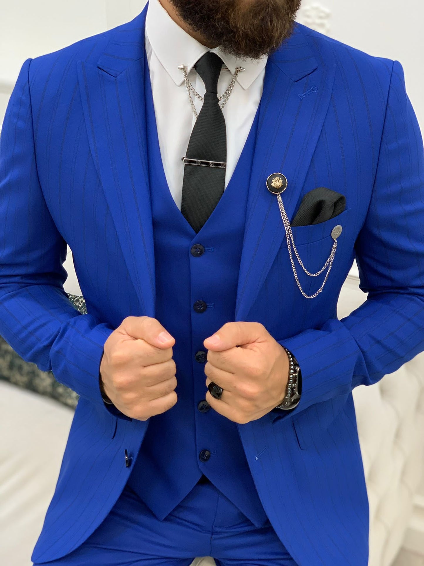 Nantes Striped Sax Blue Suit - Hollo Men