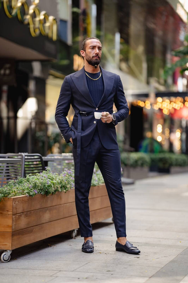 Navy Blue Buckle Suit | Sophisticated Style for Men - HolloMen