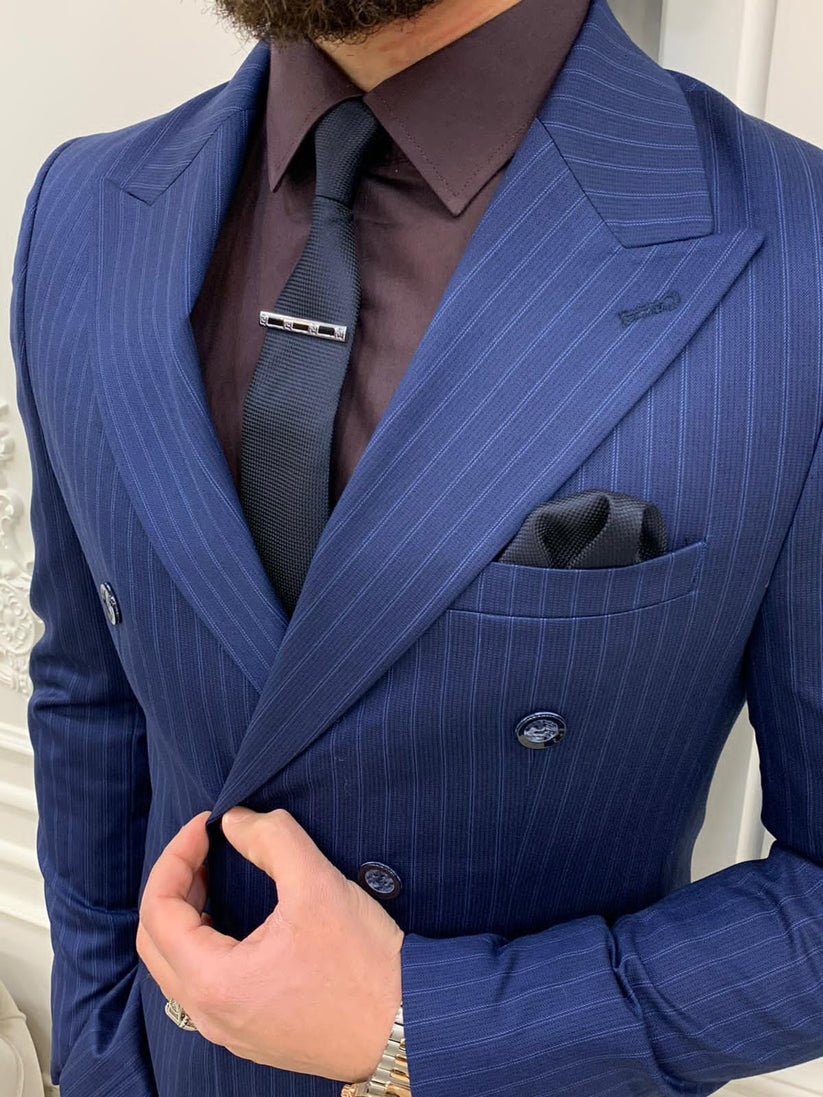 Navy Blue Double Breasted Striped Suit – HolloMen