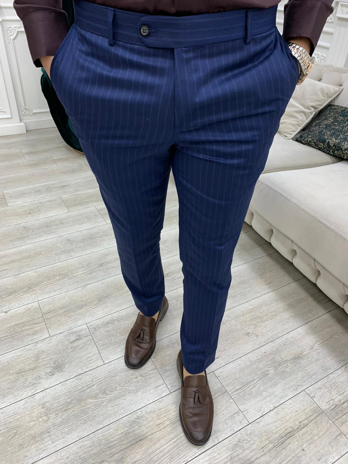 Navy Blue Double Breasted Striped Suit