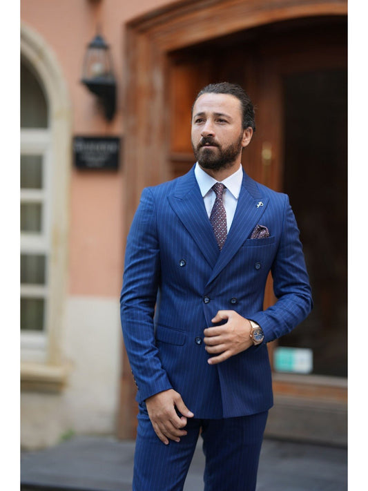 I-Navy Blue Breasted Double Striped Suit