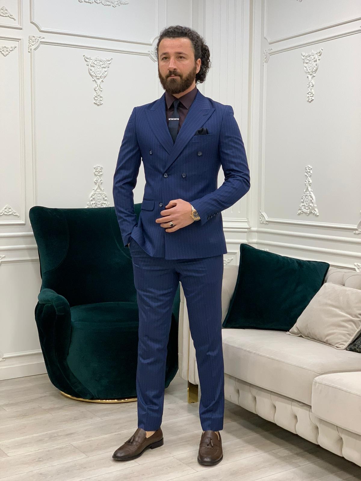 Navy Blue Double Breasted Striped Suit