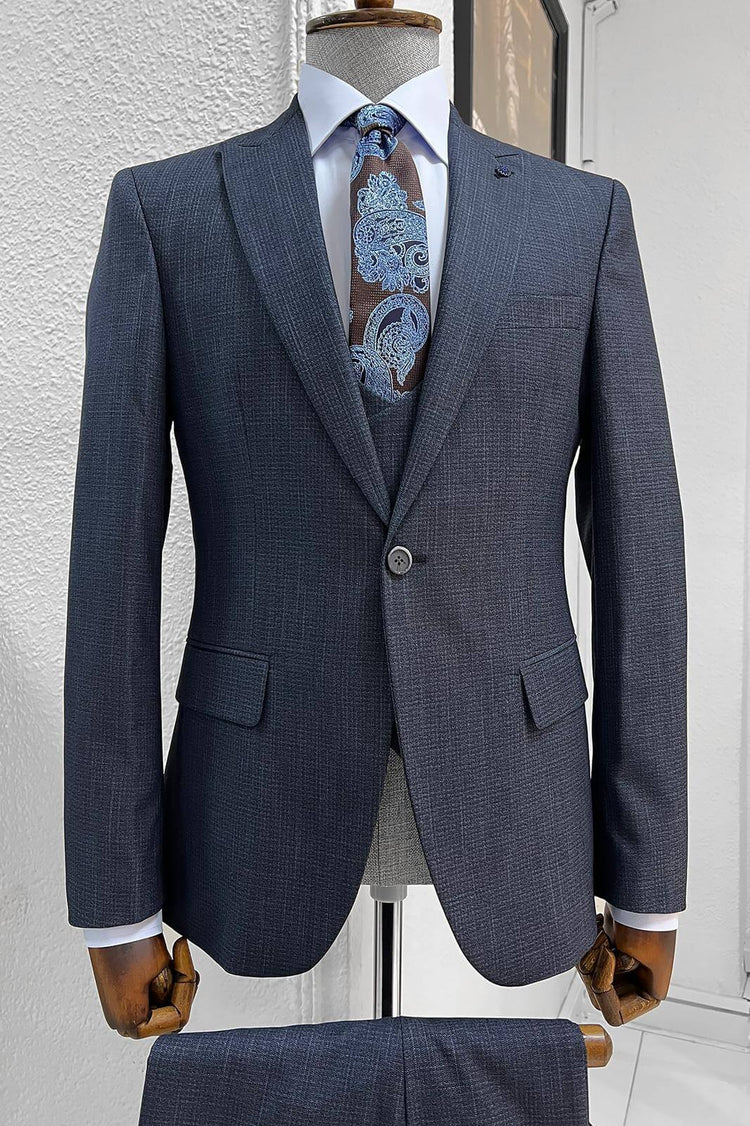 A Patterned Slim-Fit Navy-Blue Wool Suit on display