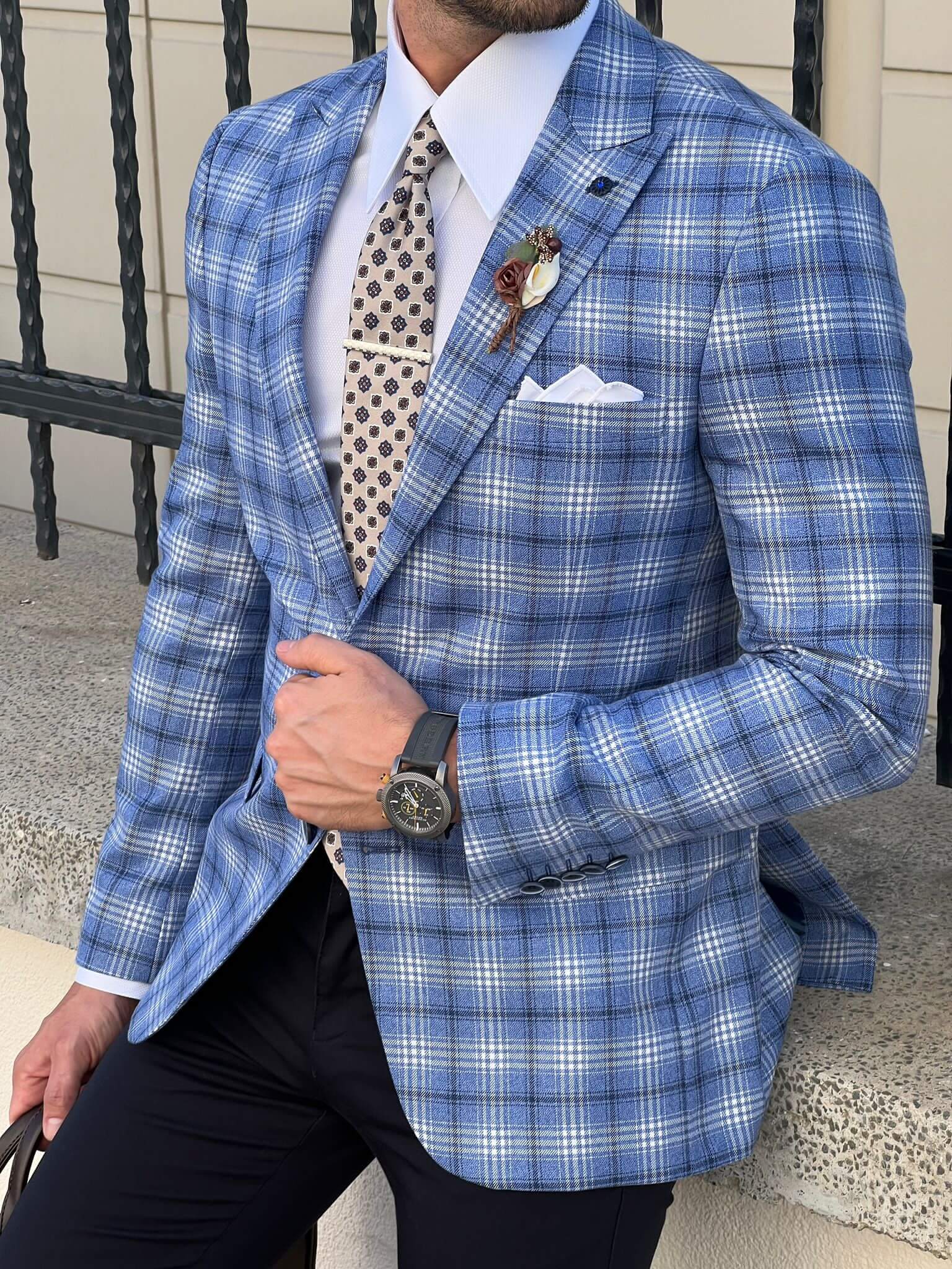 Blue jacket with a unique Nikkei pattern