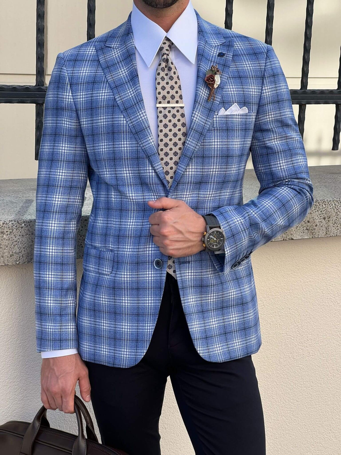 Blue jacket with a unique Nikkei pattern