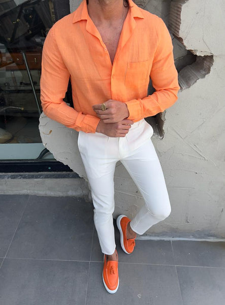 Orange Long Sleeve Summer Shirt Men's High Collar Cotton Shirt