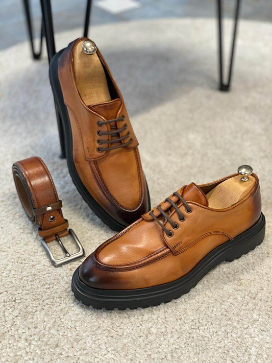 Stylish camel brown leather derby shoes for men with lace-up design and EVA soles, crafted for fall-winter sophistication and all-day comfort.