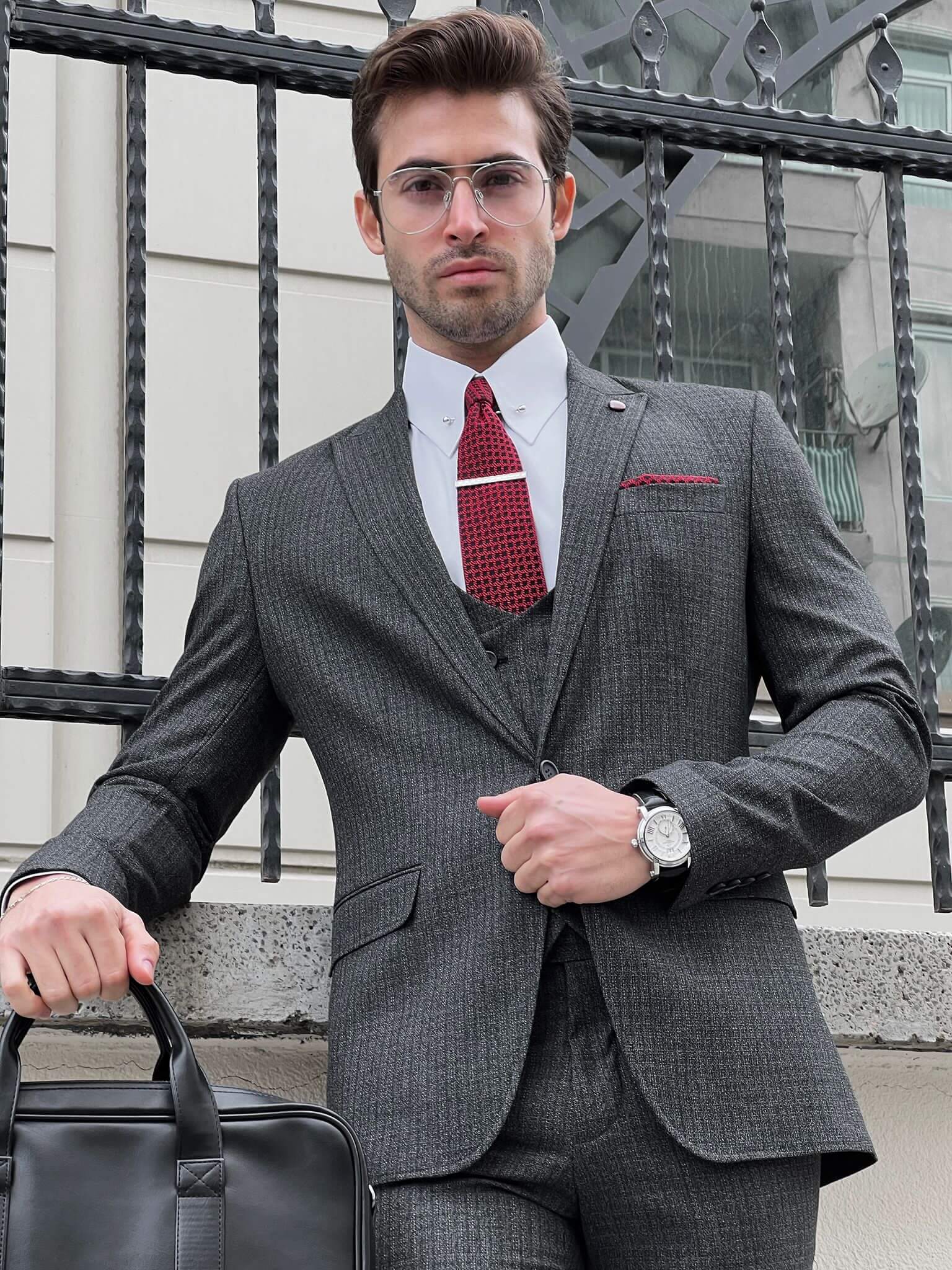 Patterned Anthracite Business Suit – HolloMen