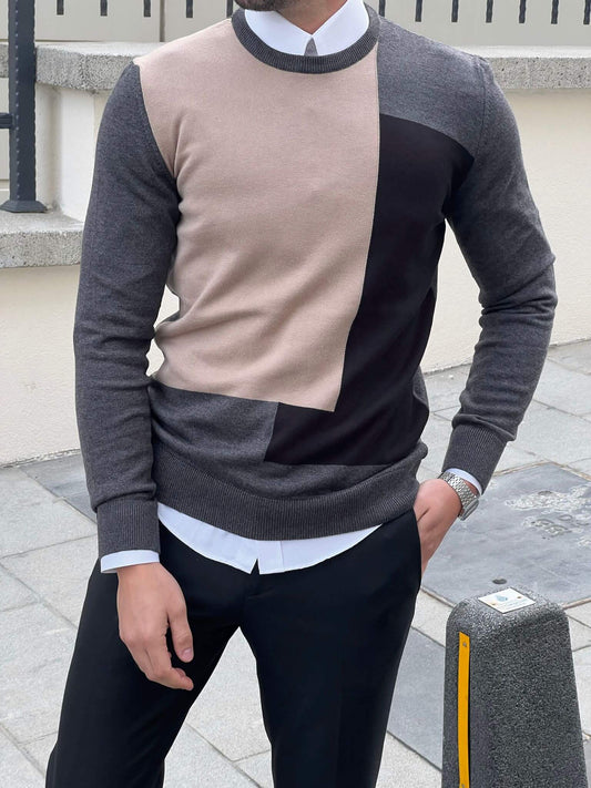 Model wearing a stylish anthracite crewneck sweater with a mesmerizing pattern, perfect for adding flair to any outfit."