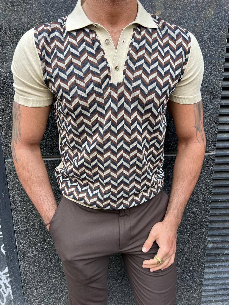 A beige knit polo t-shirt with a distinctive pattern