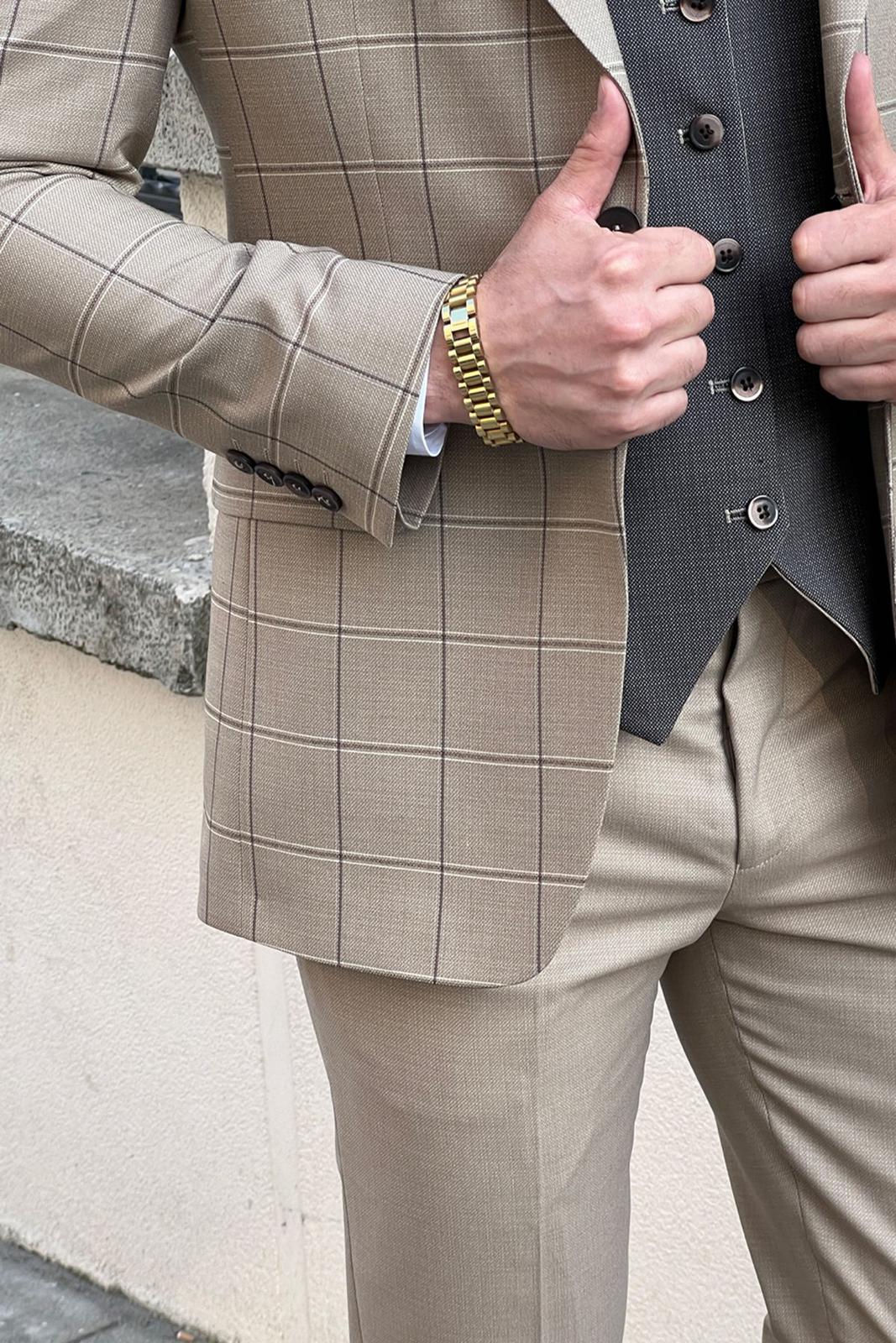 Patterned Beige Wool Suit