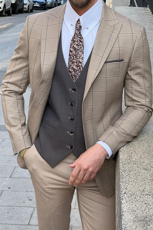 Patterned Beige Wool Suit