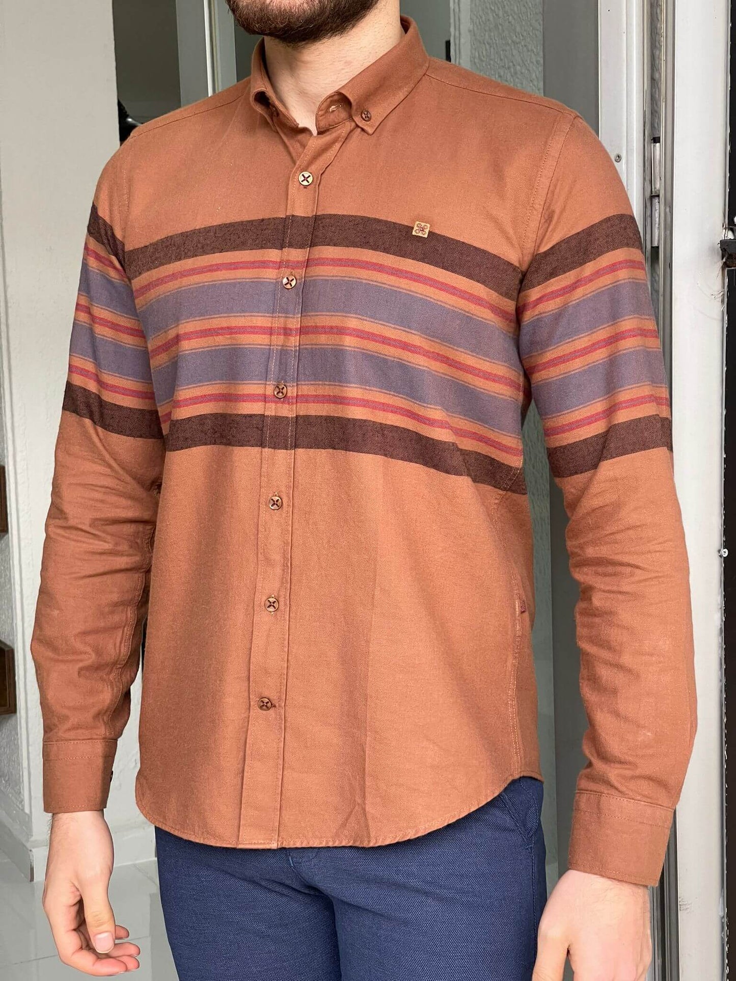 Patterned Camel Long Sleeve Shirt