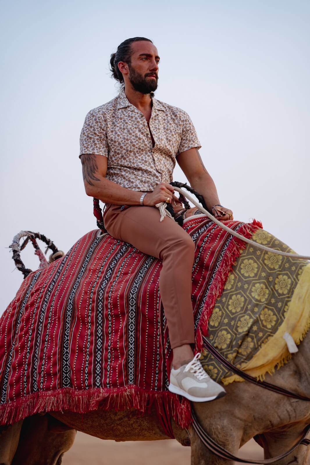 A Slim Fit Patterned Camel Shirt on display.