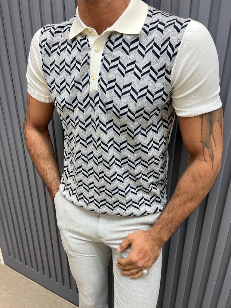 A patterned gray knit polo t-shirt with a textured design.