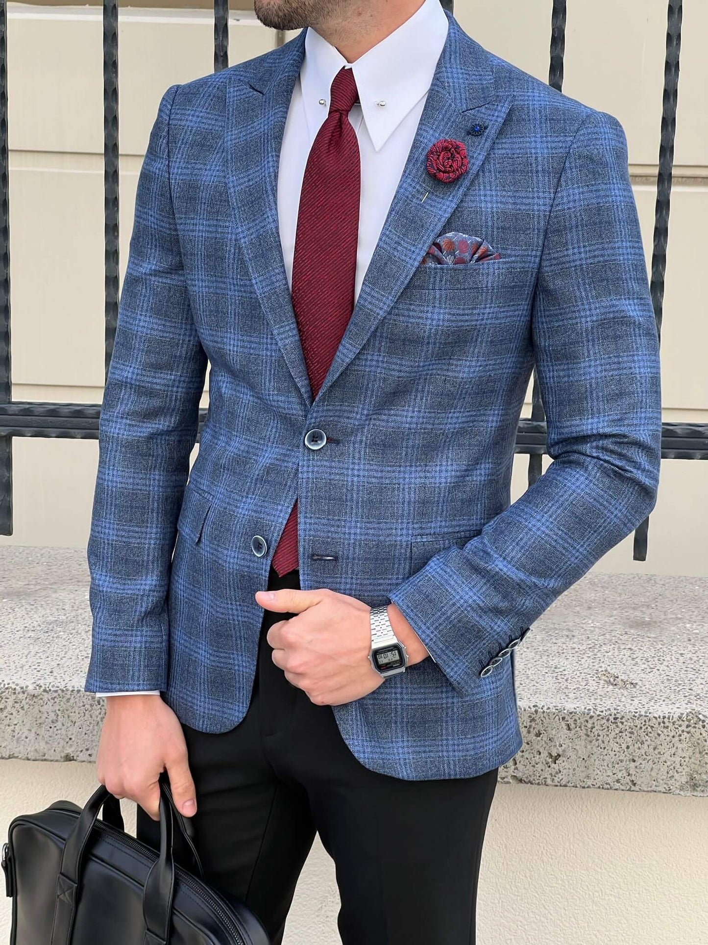 A navy blue jacket with unique patterns
