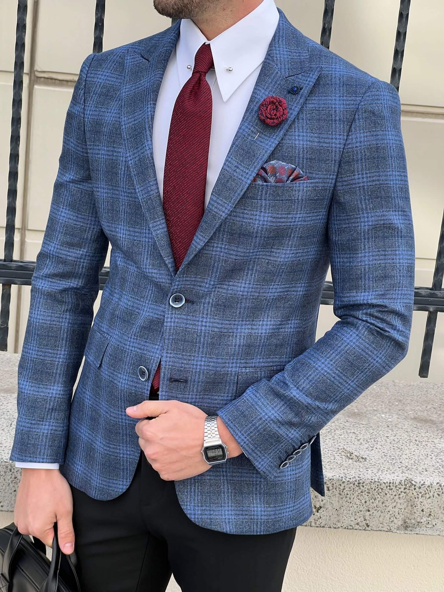 A navy blue jacket with unique patterns