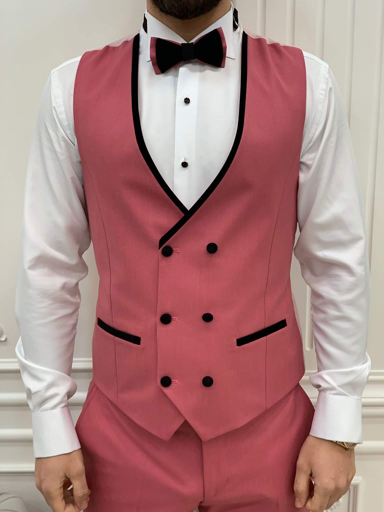 Man wearing Pink Tuxedo with Peak Lapel, Single Button, Slim-Fit Italian Cut ready for a  Formal Event