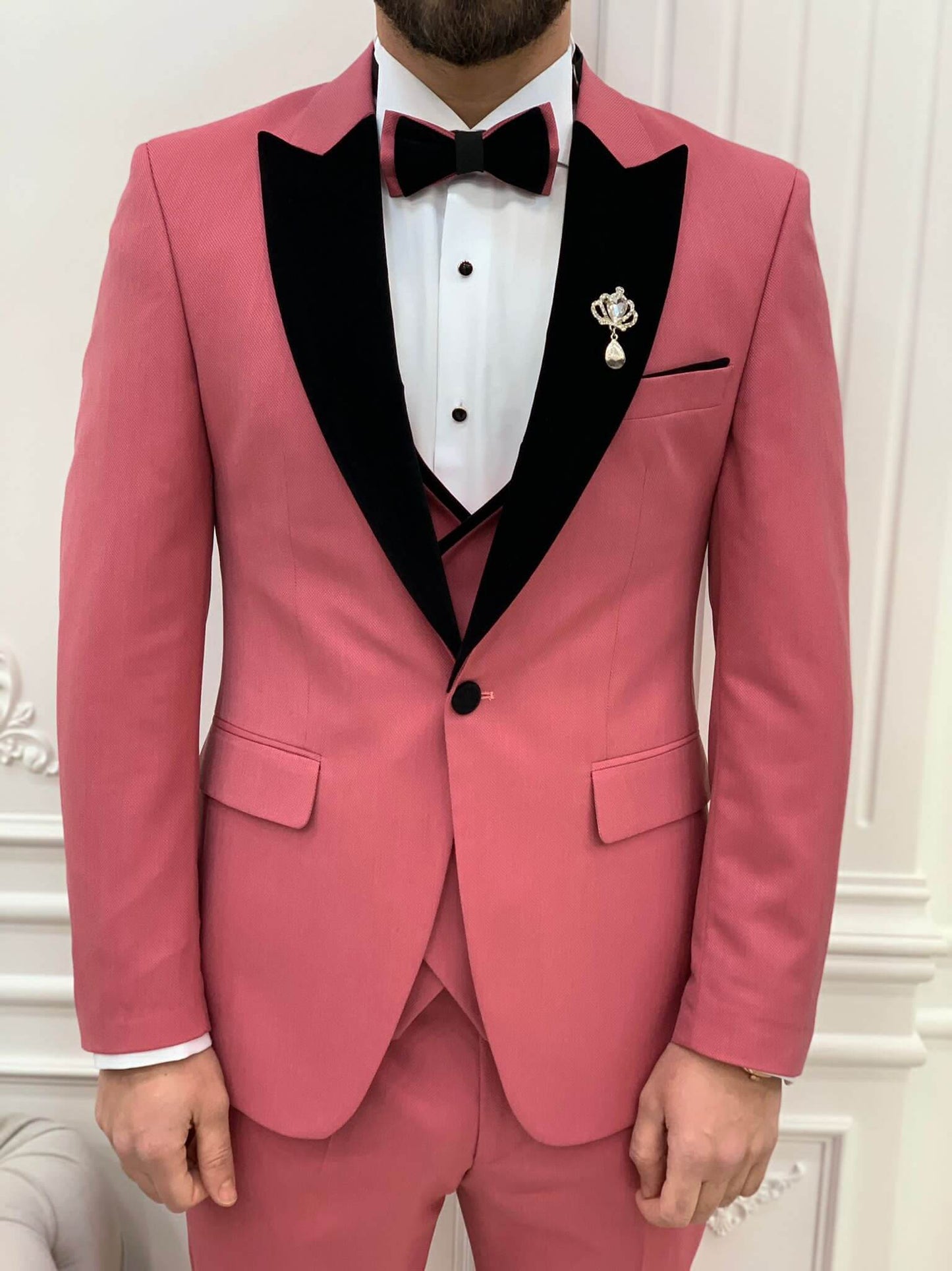 Man wearing Pink Tuxedo with Peak Lapel, Single Button, Slim-Fit Italian Cut ready for a  Formal Event