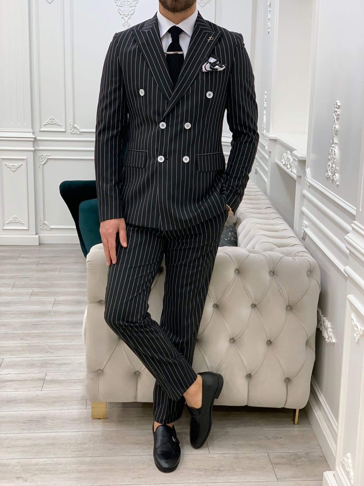 Pinstripe Black Double Breasted Suit