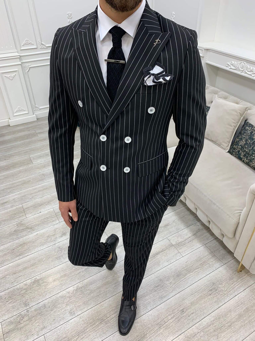 Pinstripe Black Double Breasted Suit – HolloMen