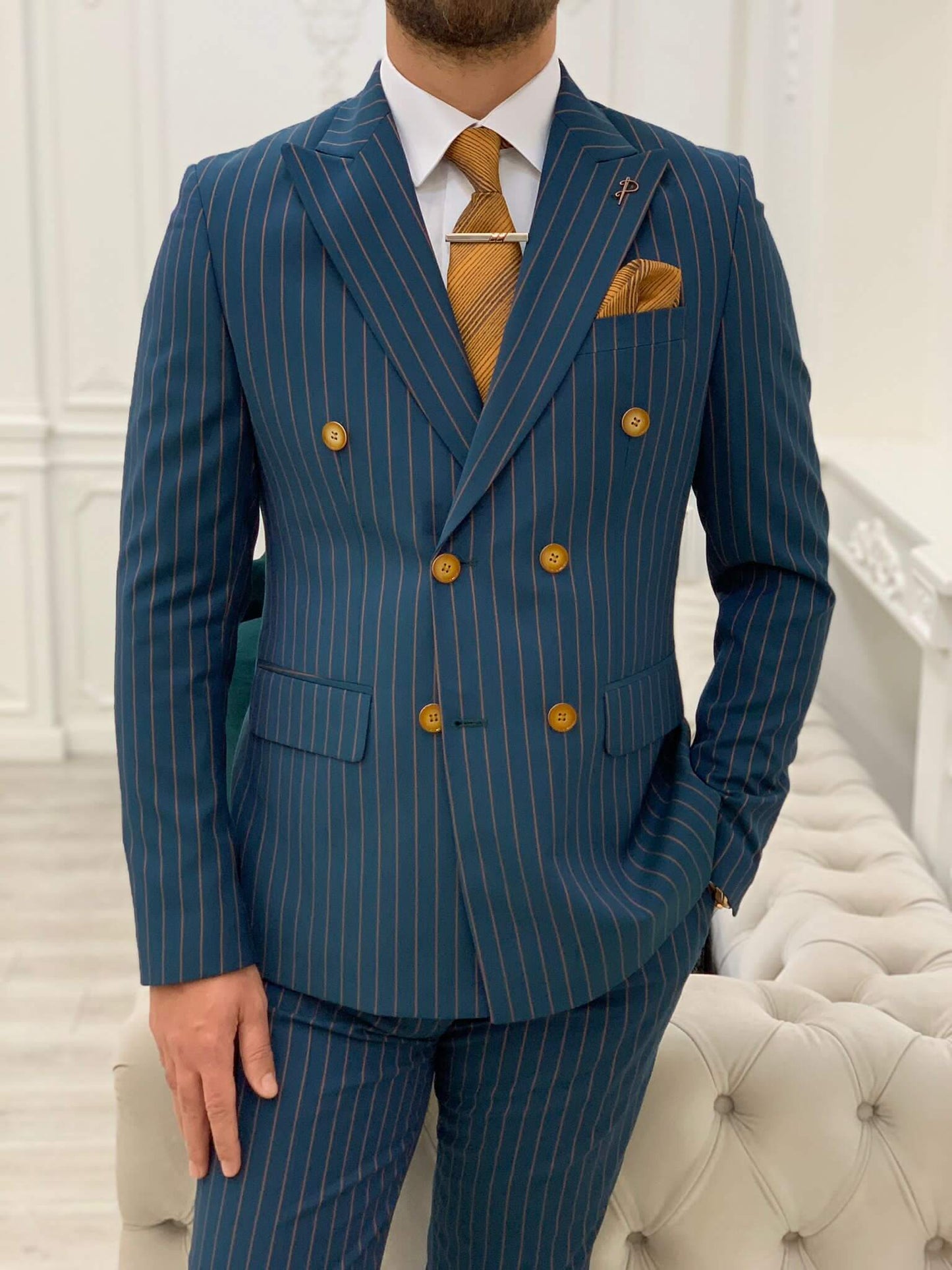 Pinstripe Green Double Breasted Suit