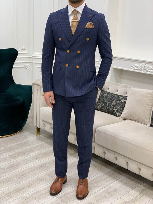 I-Pinstripe Navy Blue Breasted Double Suit