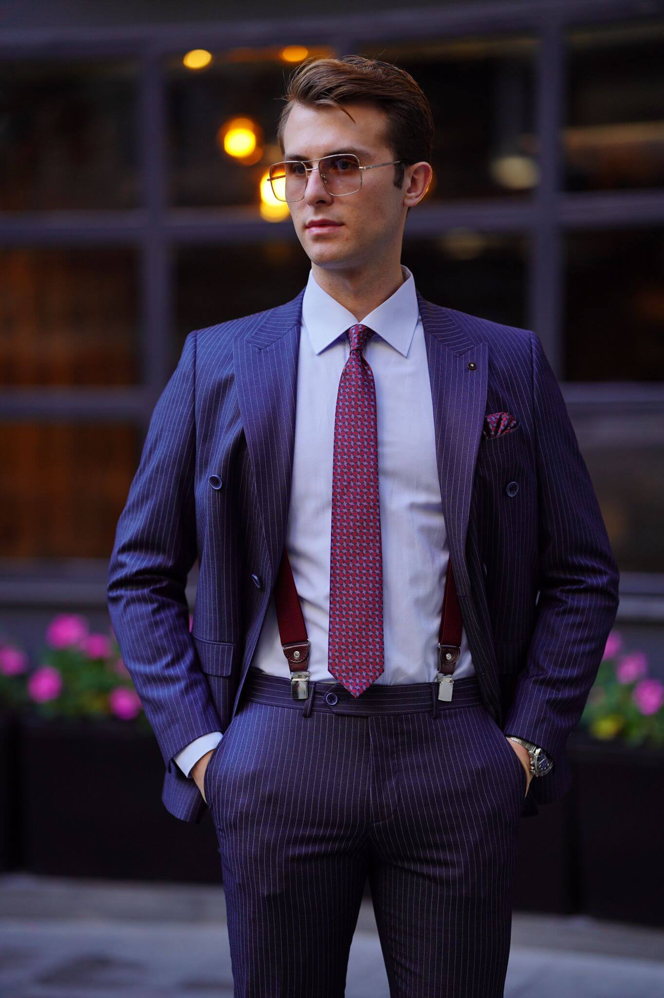 A Double Breasted Striped Navy Blue Suit on display